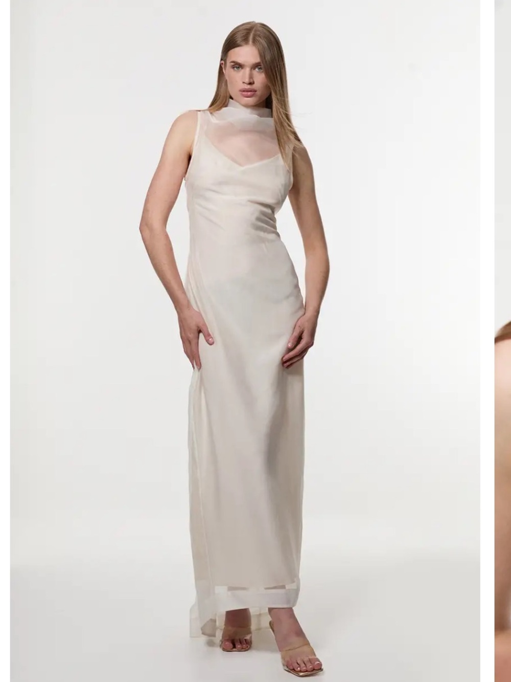 Karen Millen Digital Ophelia Organdie Sheer High Neck Maxi Dress in Ivory